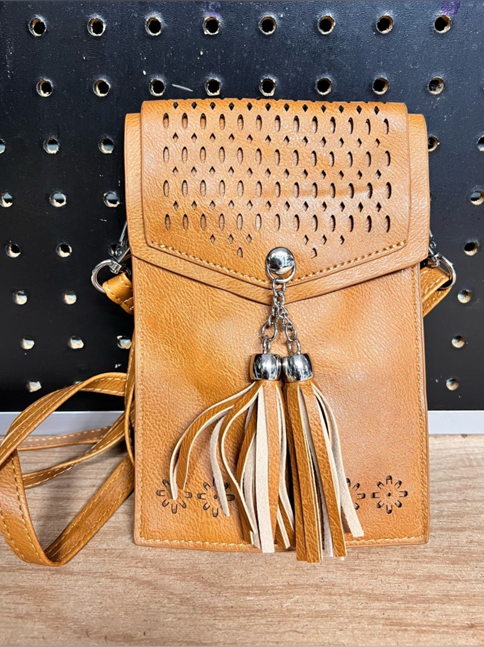 Tan Crossbody Phone Bag with Tassel Detail